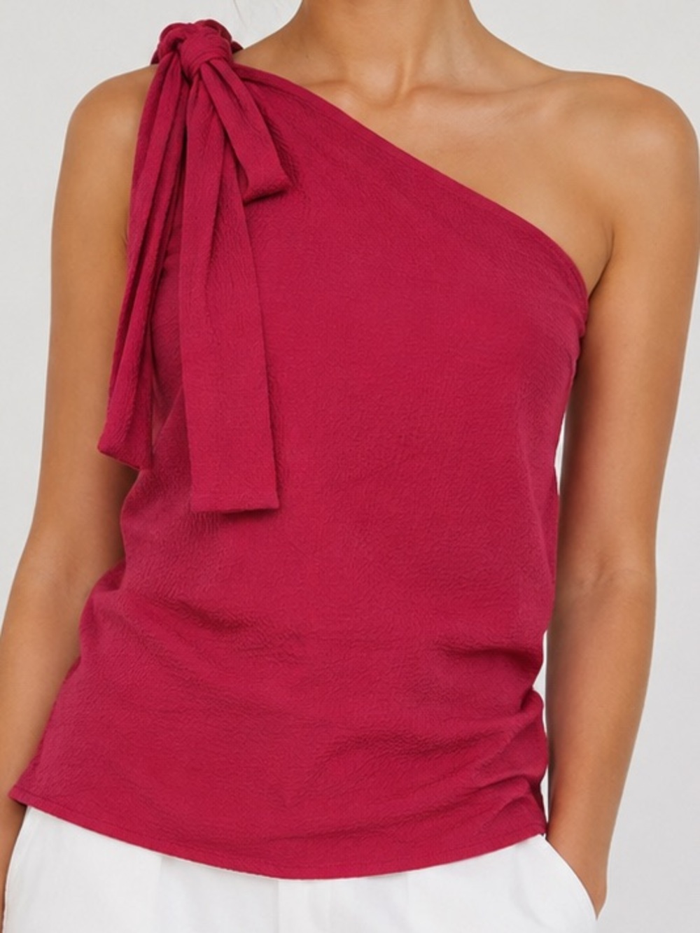 Tyche Red One Shoulder Tie Top Textured Blouse Small Made in USA